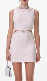 Chic Cream Boucle Pearl Cut-Out Mini Dress