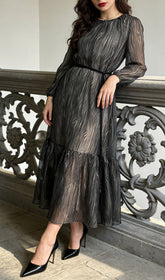 Jennis Black Swirl Print Long Sleeve Tiered Midi Dress