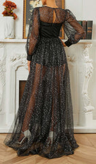 Catlyn Black Glitter Mesh Sweetheart Maxi Dress with Velvet Bodice