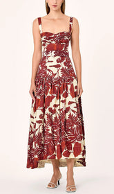 Drika Red Tropical Leaf Print Strappy Midi Dress