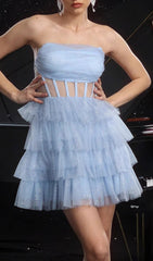 Dembe Dazzling Blue Sparkle Strapless Corset Tulle Mini Dress