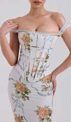 Isabeau Romantic Off-Shoulder Floral Corset Maxi Dress