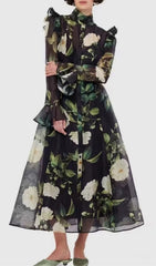 Eder Black & White Rose Print Sheer Midi Shirtdress