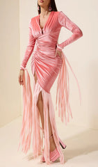 Jasmine Pink Velvet Ruched Maxi Gown