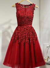 Dark Red Tulle Knee Length Party Dress