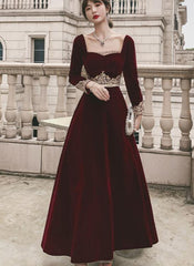 Elegant Wine Red Velvet Long Sleeves Party Dress