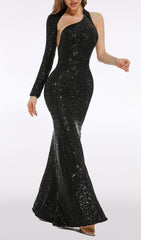 Ashkan Black Sequin One-Shoulder Long Sleeve Maxi Dress