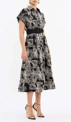 Davan Black & White Floral Belted Midi Shirtdress with Pockets