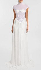 Gabija Ethereal White Boned Corset Maxi Gown with Sheer Mesh