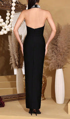 Show-Stopping Haranu Black Halter Beaded Bandage Maxi Dress