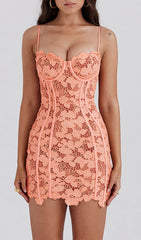 Sultry Peach Floral Lace Mini Dress