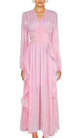 Ginger Shimmer Pink Ruffle V-Neck Long Sleeve Maxi Dress