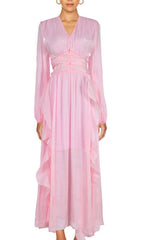 Ginger Shimmer Pink Ruffle V-Neck Long Sleeve Maxi Dress