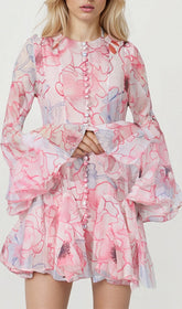 Elspeth Romantic Floral Ruffle Mini Dress with Bell Sleeves