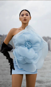 Powder Blue Statement Floral One-Shoulder Mini Dress for Women