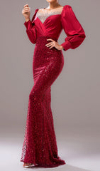 Glamorous Red Sequin Mermaid Maxi Dress with Long Sleeves & Illusion Neckline