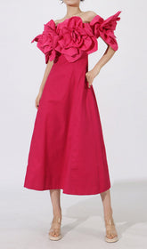 Eirian Statement Fuchsia 3D Floral Off-Shoulder Midi Dress