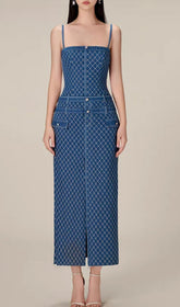 Celina Blue Quilted Denim Midi Dress