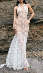 “Joanneâ€?Elegant Sheer Floral Lace Halter Corset Maxi Gown