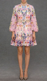Jalila Pink Floral Print Long Sleeve Mini Dress