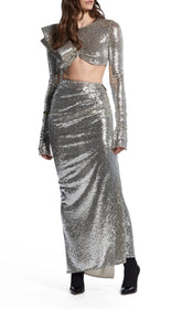 Glamorous Silver Sequin Draped Long Sleeve Two-Piece Maxi Dress Set