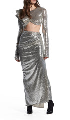 Glamorous Silver Sequin Draped Long Sleeve Two-Piece Maxi Dress Set