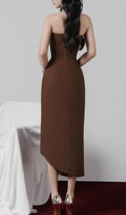 Gali Elegant Strapless Asymmetrical Brown Midi Dress