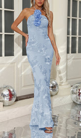 Elegant Bambi Blue Floral Halter Maxi Dress