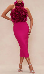 Vibrant Hot Pink Floral Halter Midi Dress