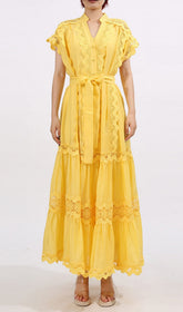 Fritzi Yellow Bohemian V-Neck Lace Tiered Maxi Dress for Women