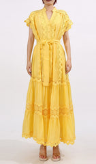 Fritzi Yellow Bohemian V-Neck Lace Tiered Maxi Dress for Women