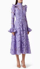 Elea Chic Lavender Embroidered Long Sleeve Midi Dress with Belt