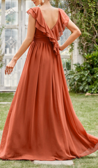 Gersemi Rust V-Neck Ruffle Maxi Dress