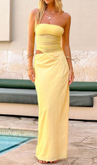 Devorit Yellow Strapless Ruched Mesh Cutout Maxi Dress