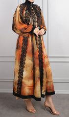 Elegant Imari Lace & Print Midi Dress