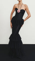 Exquisite Black Lace Ruffle Maxi Dress