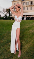 Glamorous White Corset Mesh Maxi Dress with High Slit