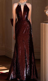Inocencia Wine Red Sequin Halter Maxi Gown with Statement Bow