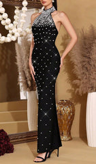 Show-Stopping Haranu Black Halter Beaded Bandage Maxi Dress