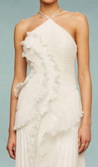 Finneas White Halter Pleated High-Low Maxi Dress