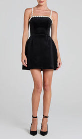 Deirdra Black Velvet Pearl Mini Dress