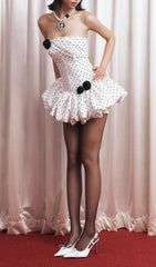 Hayfa Polka Dot Strapless Mini Dress with Floral Appliqus