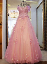 Pink Off Shoulder Lace Applique Tulle Flowers Prom Dress