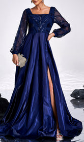 Elegant Cruise Blue Sequin Sheer Sleeve Maxi Gown