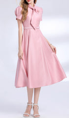 Funa Elegant Pink Bow Tie Midi Dress