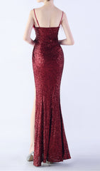 Chroma Wine Red Sequin & Feather High Slit Maxi Dress