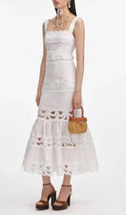 Everly Chic White Embroidered Lace Belted Midi Dress