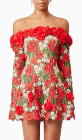 Ellasyn Enchanting Red Rose Embroidered Off-Shoulder Long Sleeve Mini Dress