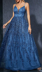 Stunning Dionne Navy Floral Embroidered V-Neck Maxi Gown