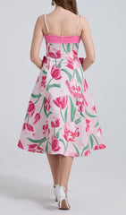 Faylinn Romantic Pink Tulip Floral Midi Dress with Pearl Straps & Chic Bows